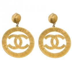 Chanel Vintage CC Sunburst Icon Gold Tone Clip-on Hoop Earrings Chanel