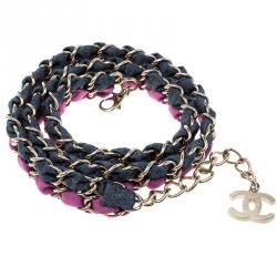 Pre Owned حزام شانيل CC قماش ثنائي اللون مخزول سلسلة ذهبية