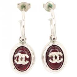 مملوكة مسبقًا Chanel CC Red Resin Silver Tone Hoop Earrings