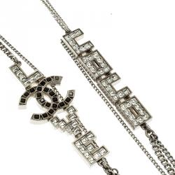 Chanel CC Coco Love Crystal Silver Tone Multi Strand Necklace