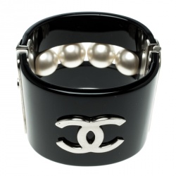 Pre Owned Chanel CC Faux Pearl Black Resin Wide Cuff Bracelet 