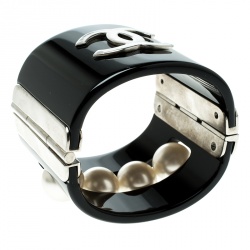 Pre Owned Chanel CC Faux Pearl Black Resin Wide Cuff Bracelet 