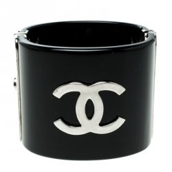 Pre Owned Chanel CC Faux Pearl Black Resin Wide Cuff Bracelet 