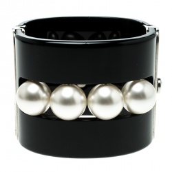 Pre Owned Chanel CC Faux Pearl Black Resin Wide Cuff Bracelet 