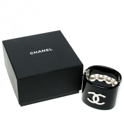 Pre Owned Chanel CC Faux Pearl Black Resin Wide Cuff Bracelet 