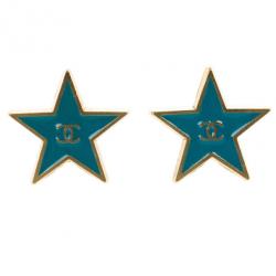 Pre Owned Chanel Star Blue Gold Tone Metal Earrings
