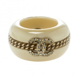 Pre Owned Chanel CC Crystal Chain Embellished Cream Resin Wide Band Ring Size 53