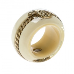 Pre Owned Chanel CC Crystal Chain Embellished Cream Resin Wide Band Ring Size 53
