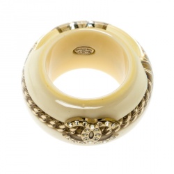 Pre Owned Chanel CC Crystal Chain Embellished Cream Resin Wide Band Ring Size 53