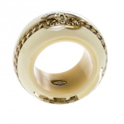 Pre Owned Chanel CC Crystal Chain Embellished Cream Resin Wide Band Ring Size 53