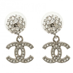 Pre Owned أقراط شانيل CC كريستال مرصع فضي اللون متدلية