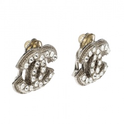 Pre Owned أقراط شانيل CC كريستال فضية اللون بمشبك