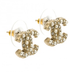 Pre Owned Chanel CC Faux Pearl Crystal Gold Tone Stud Earrings