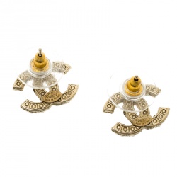 Pre Owned Chanel CC Faux Pearl Crystal Gold Tone Stud Earrings