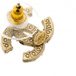 Pre Owned Chanel CC Faux Pearl Crystal Gold Tone Stud Earrings