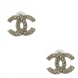 مملوكة مسبقًا Chanel CC Crystal Silver Tone Mini Stud Earrings