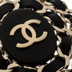 Pre Owned Chanel CC Black Leather Interlaced Gold Tone Pin Brooch