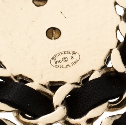 Pre Owned Chanel CC Black Leather Interlaced Gold Tone Pin Brooch