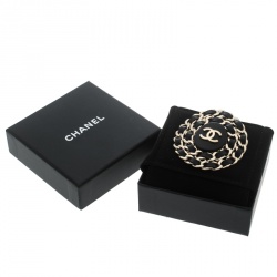 Pre Owned Chanel CC Black Leather Interlaced Gold Tone Pin Brooch