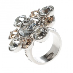 Pre Owned Chanel CC Crystal Silver Tone Cocktail Ring Size 54
