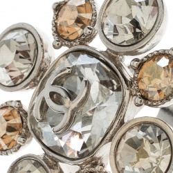 Pre Owned Chanel CC Crystal Silver Tone Cocktail Ring Size 54