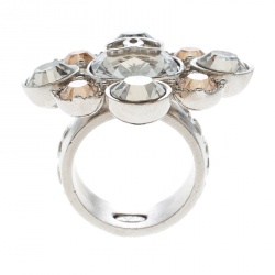 Pre Owned Chanel CC Crystal Silver Tone Cocktail Ring Size 54