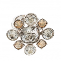 Pre Owned Chanel CC Crystal Silver Tone Cocktail Ring Size 54
