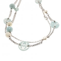 مملوكة مسبقًا Chanel CC Blue Resin Beads Silver Tone Station Necklace