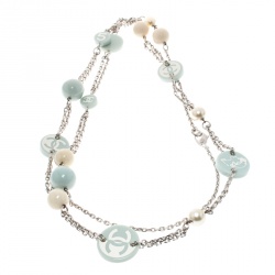 مملوكة مسبقًا Chanel CC Blue Resin Beads Silver Tone Station Necklace