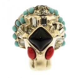 مملوكة مسبقًا Chanel Lion Head Multi color Cabochon Gold Tone Cocktail Ring Size 52
