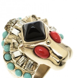 مملوكة مسبقًا Chanel Lion Head Multi color Cabochon Gold Tone Cocktail Ring Size 52