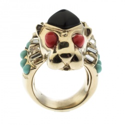 مملوكة مسبقًا Chanel Lion Head Multi color Cabochon Gold Tone Cocktail Ring Size 52