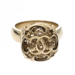 Pre Owned Chanel CC Crystal Open Work Gold Tone Cocktail Ring Size 52