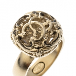 Pre Owned Chanel CC Crystal Open Work Gold Tone Cocktail Ring Size 52