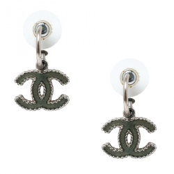Pre Owned Chanel CC Green Enamel Silver Tone Drop Earrings