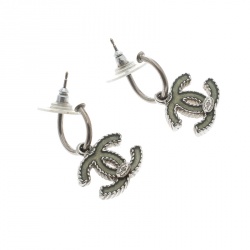 Pre Owned Chanel CC Green Enamel Silver Tone Drop Earrings