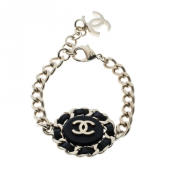 Pre Owned Chanel CC Black Leather Gold Tone Chain Link Bracelet