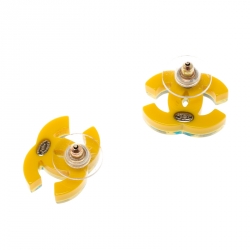 Pre Owned Chanel CC Yellow Resin Glitter Stud Earrings 
