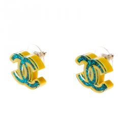 Pre Owned Chanel CC Yellow Resin Glitter Stud Earrings 
