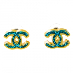 Pre Owned Chanel CC Yellow Resin Glitter Stud Earrings 
