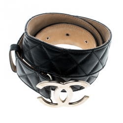 Pre Owned Chanel Black Quilted Leather CC Buckle Belt 80cm