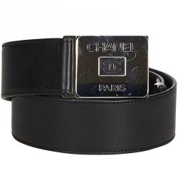 Pre Owned Chanel Black Leather CC Buckle Belt 70 CM