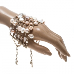 Pre Owned Chanel CC Faux Pearl and Rose Quartz Multi Strand Bracelet