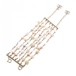 Pre Owned Chanel CC Faux Pearl and Rose Quartz Multi Strand Bracelet