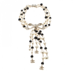 Chanel Multi Strand CC Necklace Crystal Embellished Metal with Faux Pearls