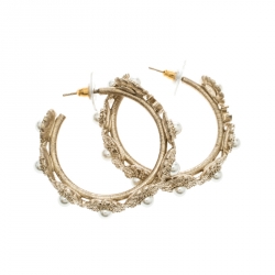 مملوكة مسبقًا Chanel CC Floral Faux Pearl Embedded Gold Tone Hoop Earrings