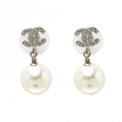 Chanel CC Crystal Embellished Faux Pearl Drop Earrings Chanel