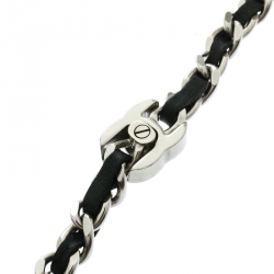 Pre Owned Chanel CC Black Leather Woven Chain Silver Tone Turn Lock Necklace