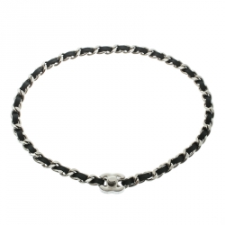 Pre Owned Chanel CC Black Leather Woven Chain Silver Tone Turn Lock Necklace