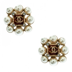 Pre Owned Chanel CC Faux Pearl Crystal & Gripoix Gold Tone Stud Earrings